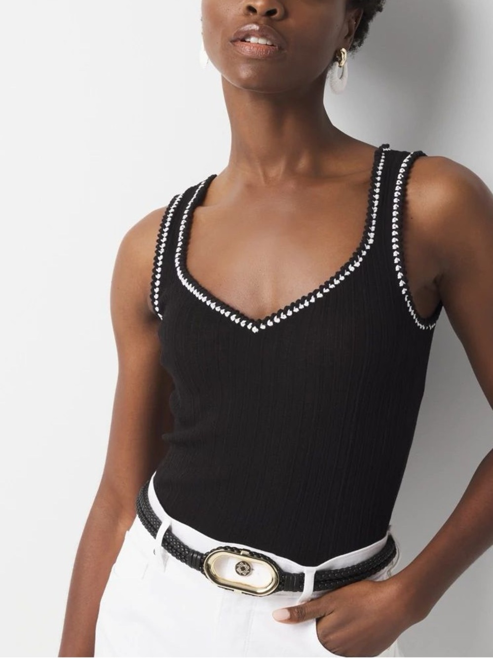 White House Black Market Large Black Braided Trim Sweater Tank Sweetheart neck